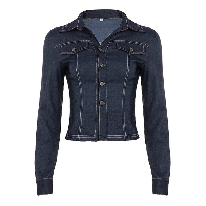 Dam figurnära jeansjacka med striking kontrast seams, bröstfickor, och figure-flattering skärning