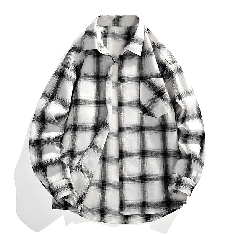 Herr Oversized Rutig Flannel Skjortjacka med Breast Ficka och Rundad Fåll