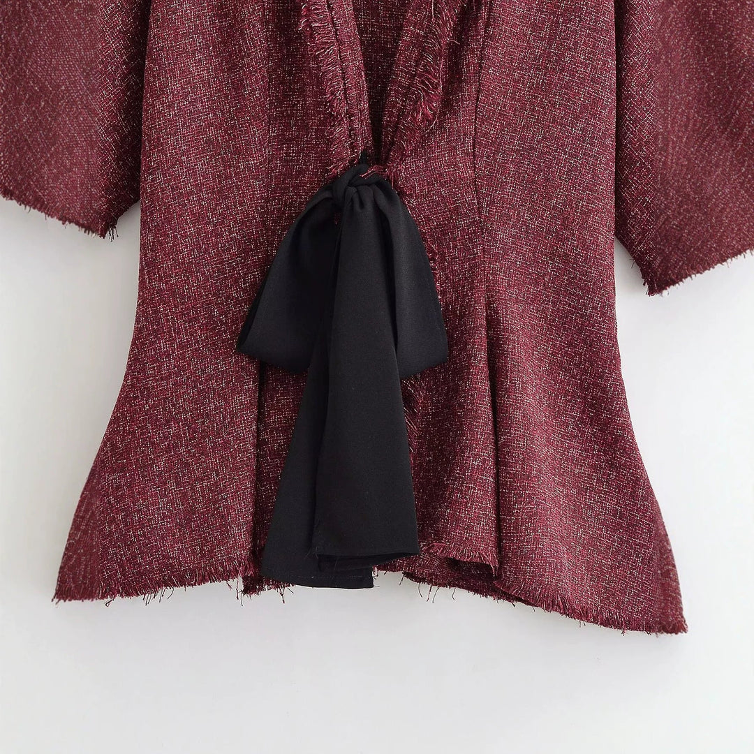Dam Tweed Kimono Jacka med Fringe Kant och Dekorativ Tie Scarf