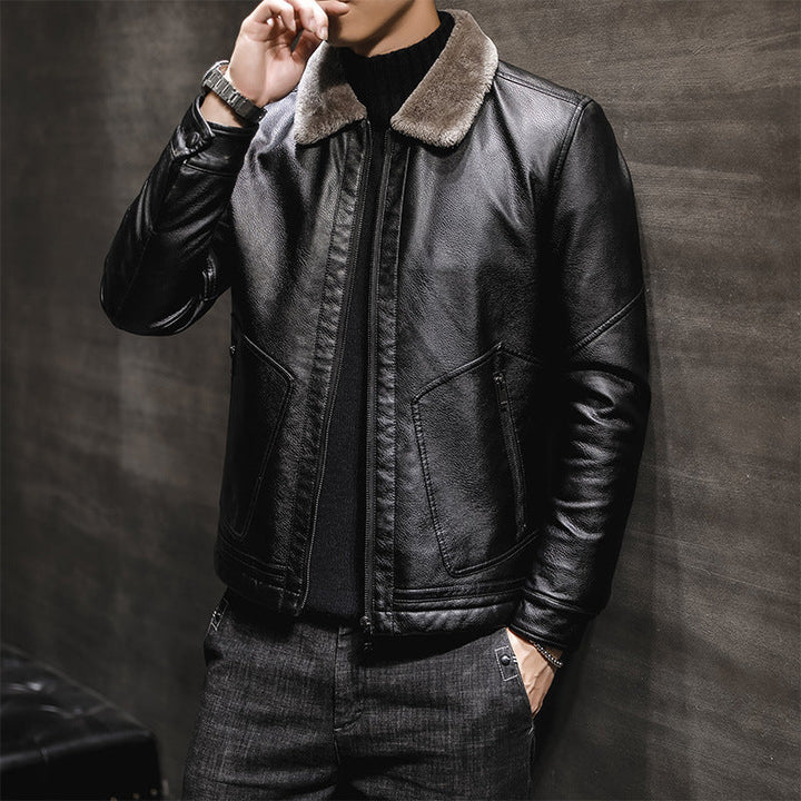 Herr Leather-Look Pilot Jacka med Teddy Krage och Dold Zip