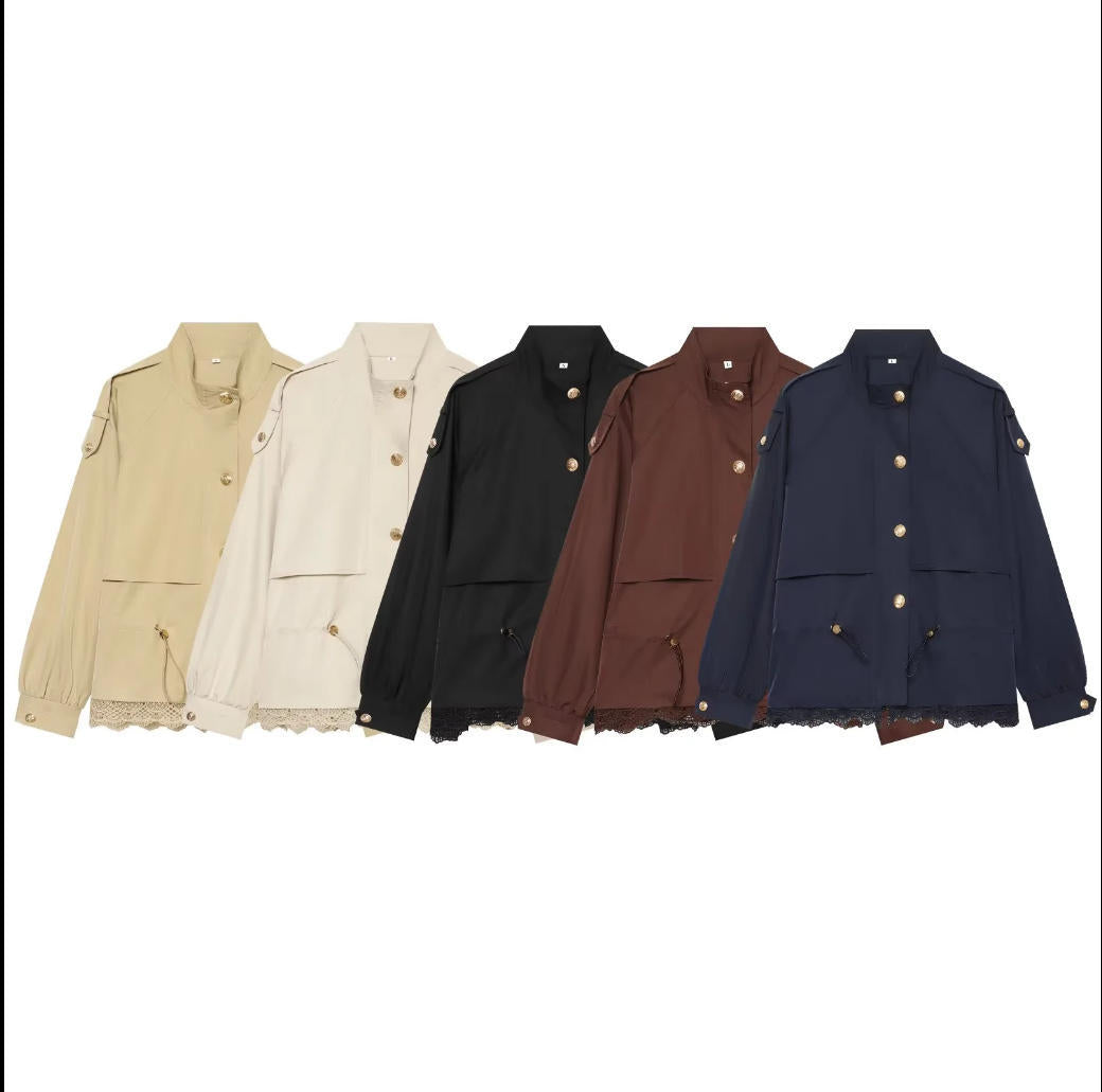 Dam 50+ Tailored Utility Blouson Jacka med Stå Krage, Drawstring Fickor och Lace Kant