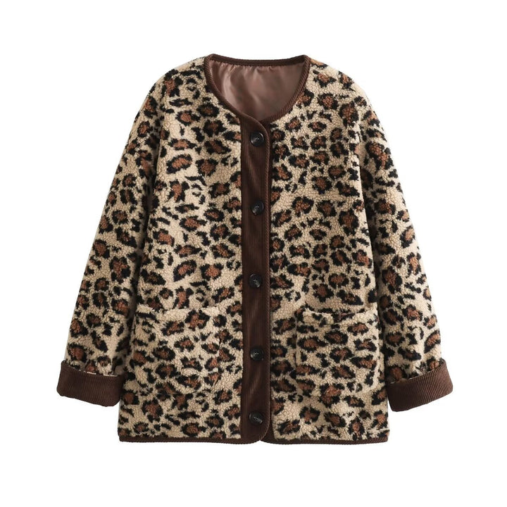 Dam Teddy Jacka med Leopard Tryck, Cord Kant och Knapp Stängning