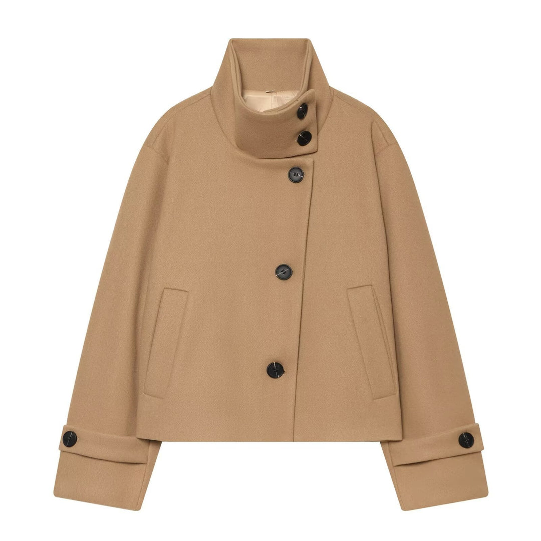 Dam Kort Ull Blouson Kappa med Hög Stå Krage och Knapp Knäppning