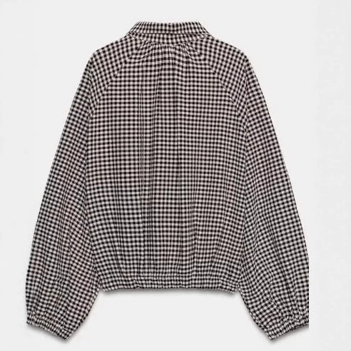 Dam Kort Blouse Jacka i Rutig Mönster med Hög Krage och Drawstring Nederkant