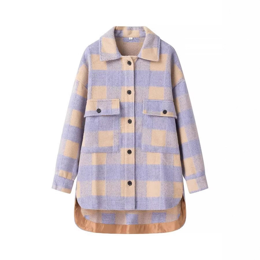Dam Oversized Rutig Skjorta Jacka med Applied Lockfickor och Extended Fåll