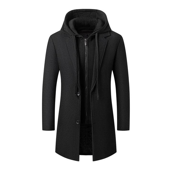 Herr Long Ull Blandning Overcoat med Integrated med Huva Inre Jacka och Tvåvägsdragkedja