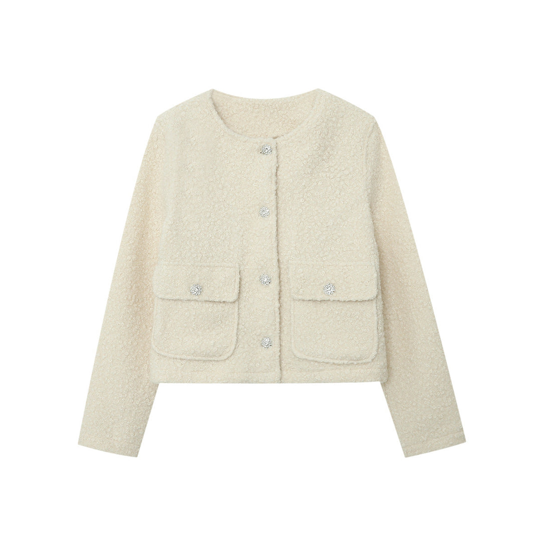 Dam Cropped Boucle jacka med Round Neckline, Flap fickor och Shimmering Decorative knappar