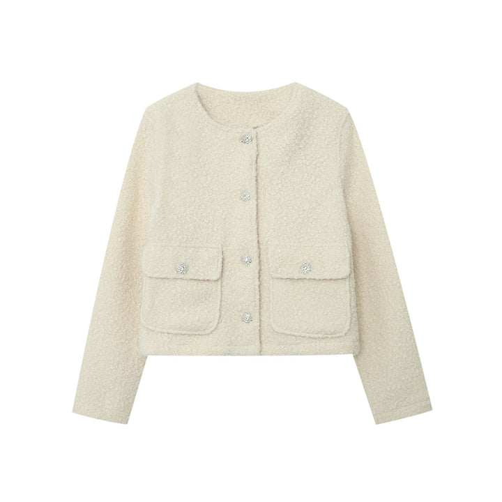 Dam Cropped Boucle jacka med Round Neckline, Flap fickor och Shimmering Decorative knappar