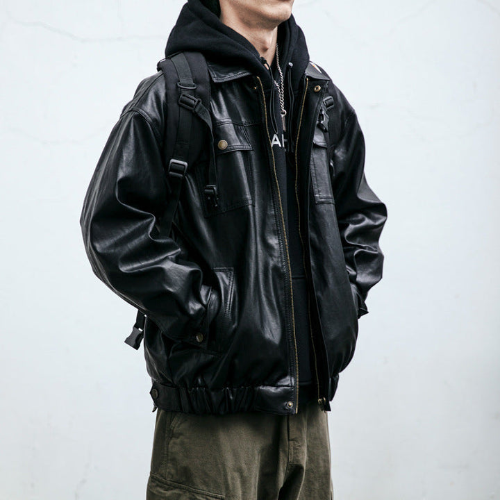 Herr oversize läderlook funktionsjacka med fickor med lock och elastisk fåll