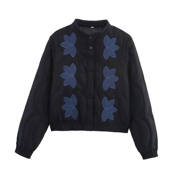 Dam kort kviltad Blouson med blommig kviltad Application, ståkrage och Elastic Waistband