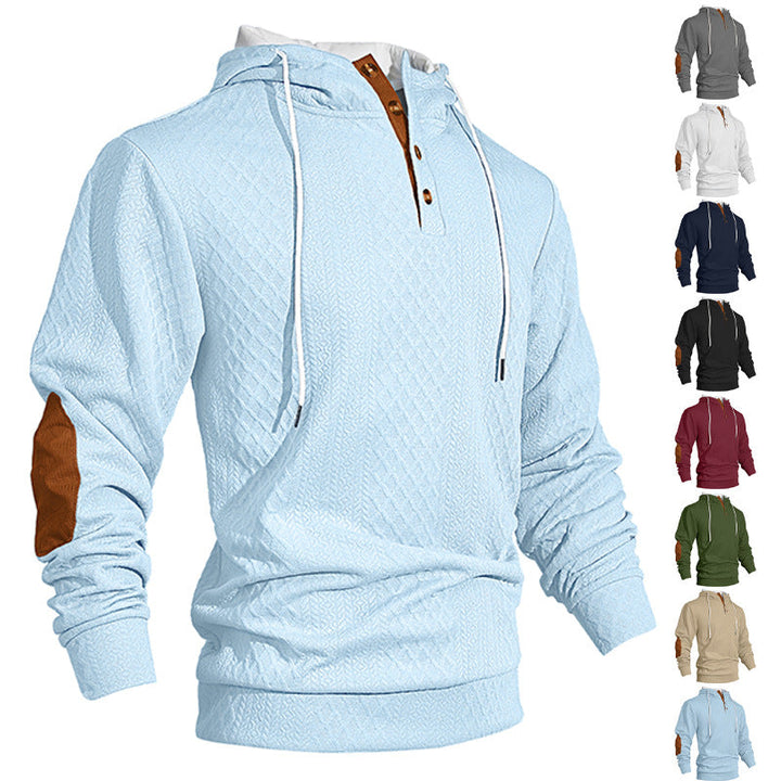 Herr Nan Diamond Structure Luvtröja med Kort Knapplist, Quiltad Huva Inner Edge, och Mocka Elbow Lapp