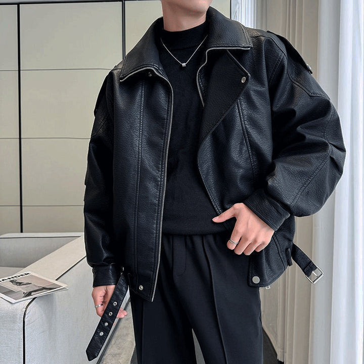 Herr Oversized Läder Jacka med Wide Asymmetrical Lapel och Midja Belt