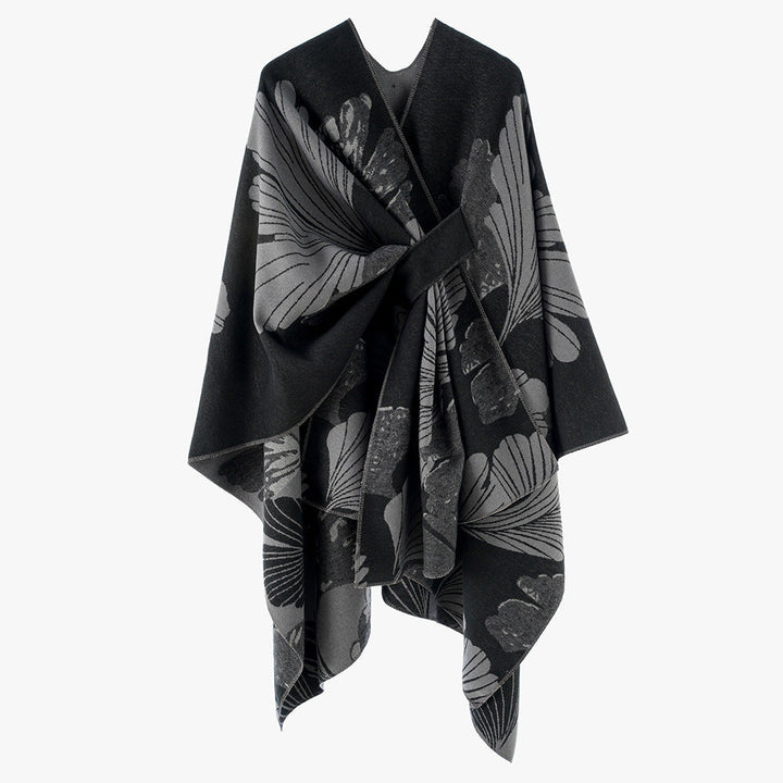 Dam Oversized Jacquard Cape Gjord av Ullblandning med Blommig Jacquard och Fram Loop