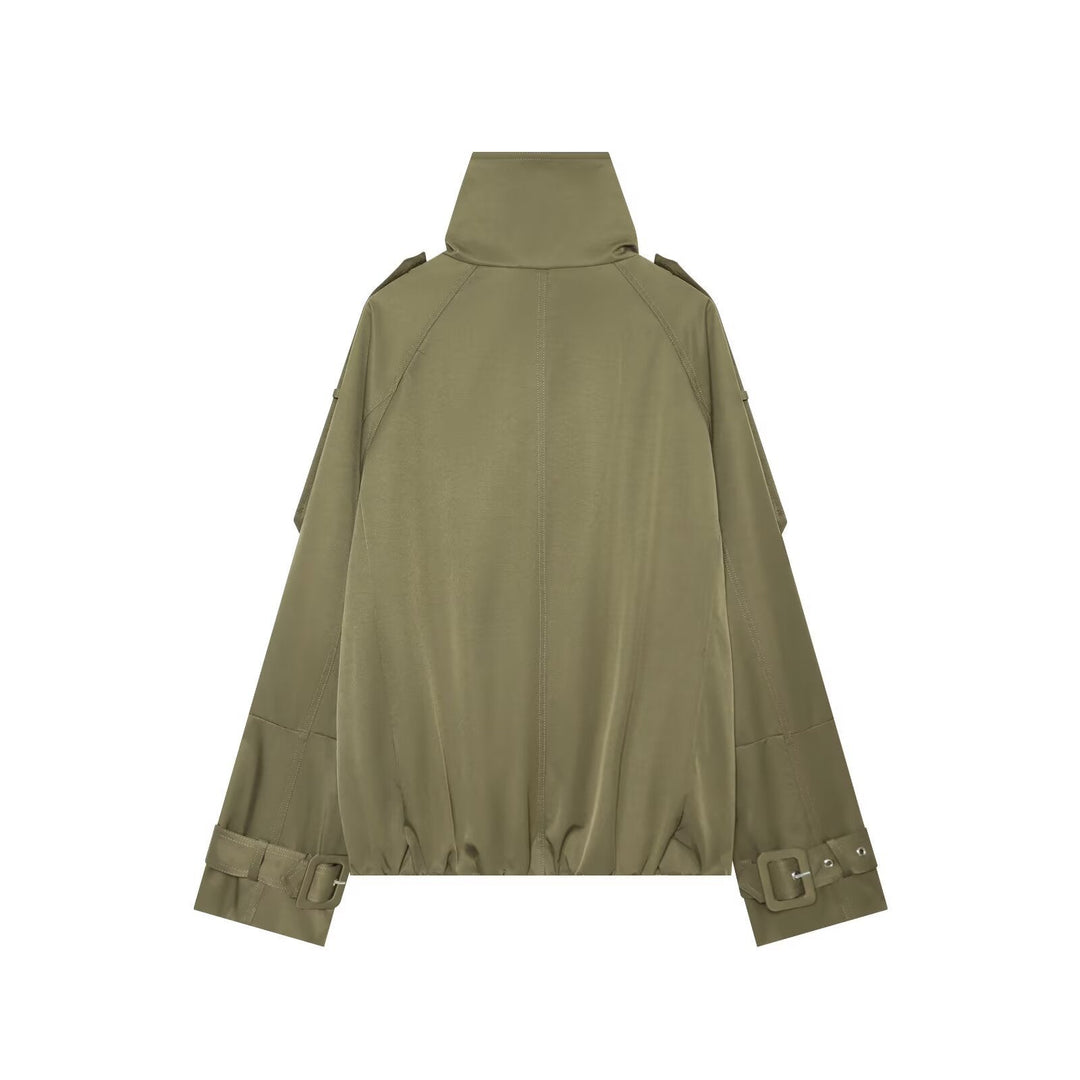Dam Kort Double-Breasted Cape Trench med Hög Funnel Neck och Ärm Straps