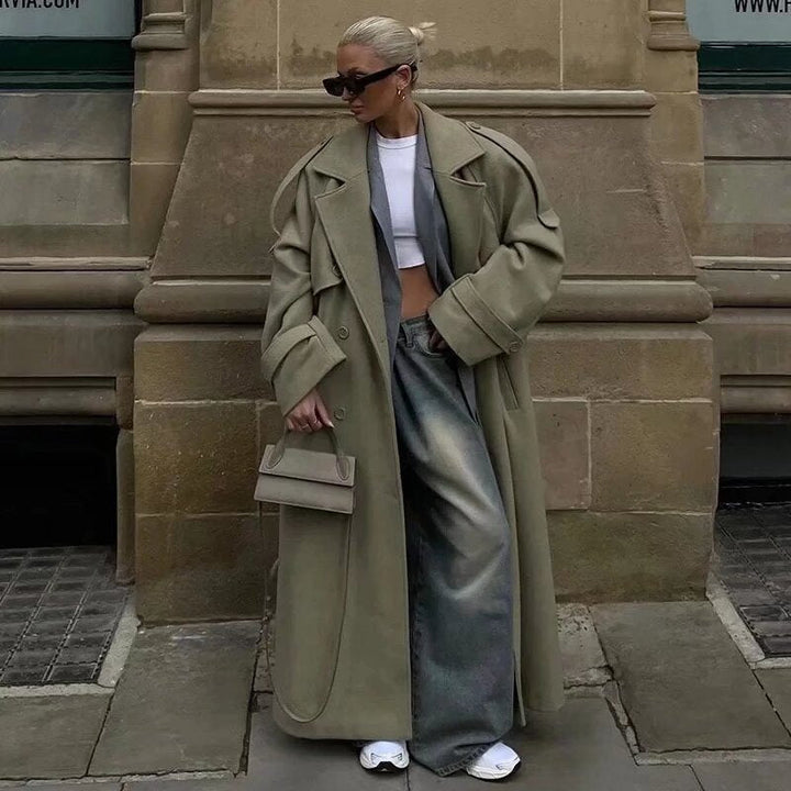 Dam lång trenchcoat med bälte, Double-Breasted knappslå och Epaulets