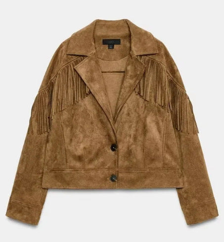 Dam Kort Velour Fringed Jacka med Notched Lapel