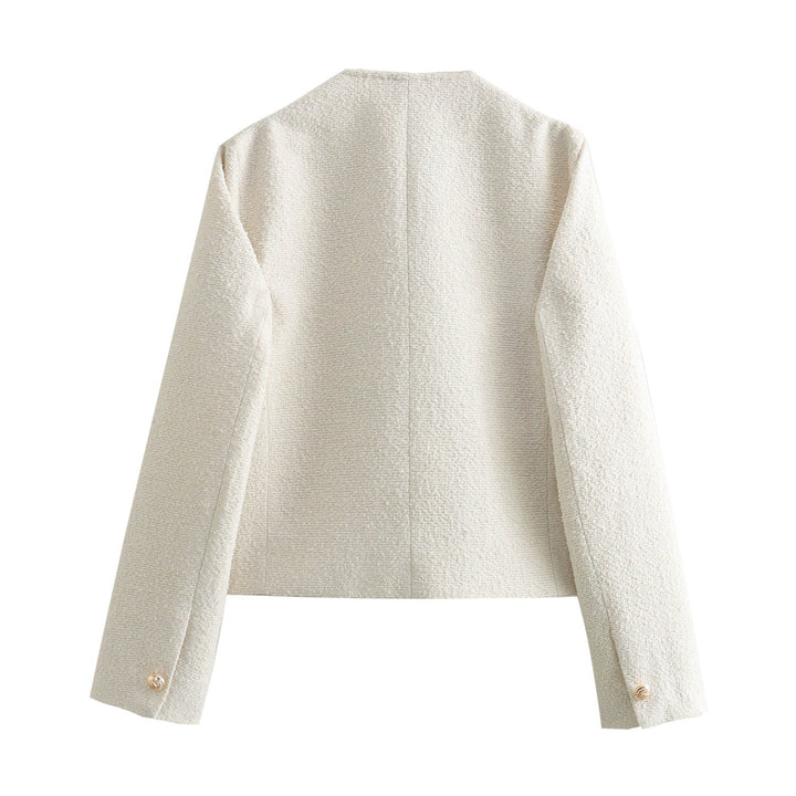 Dam elegant bouclé cropped jacka med round neckline, gold button detaljer, och patch waist fickor