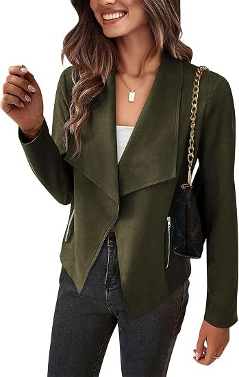 Dam Faux Mocka Waterfall Blazer med Asymmetrical Fåll och Fickor med Dragkedja