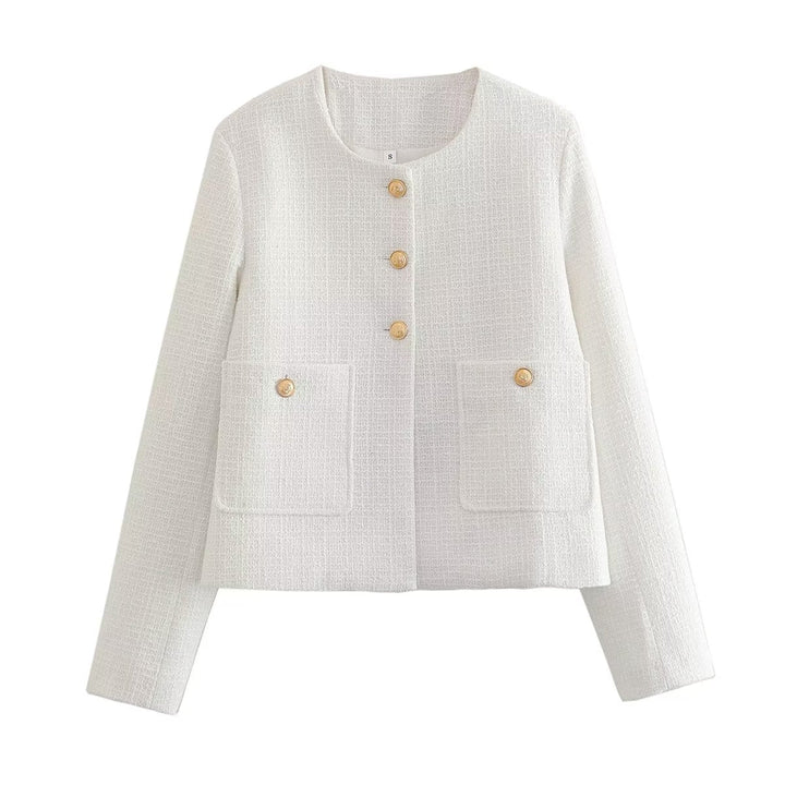 Dam kort-skärning tweed jacka med boucle structure, round neckline och decorative gold knappar