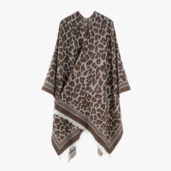 Dam mjuk-Falling Jacquard kimono-skärning Wrap med Tonal Leo mönster och Fringed fåll