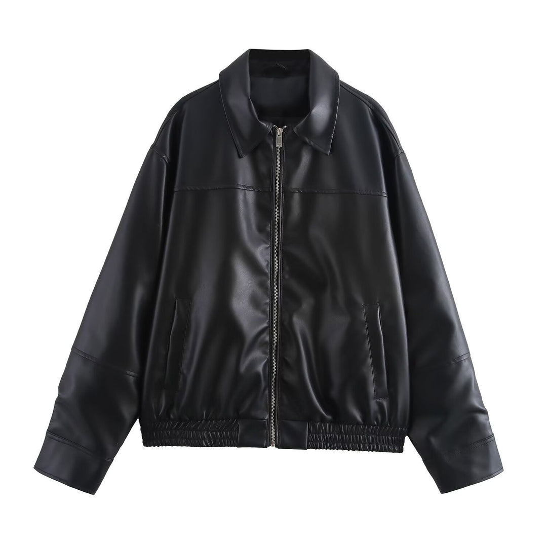 Dam kort jacka gjord konstläder in oversize bomber stil med skjortkrage och elastic fåll