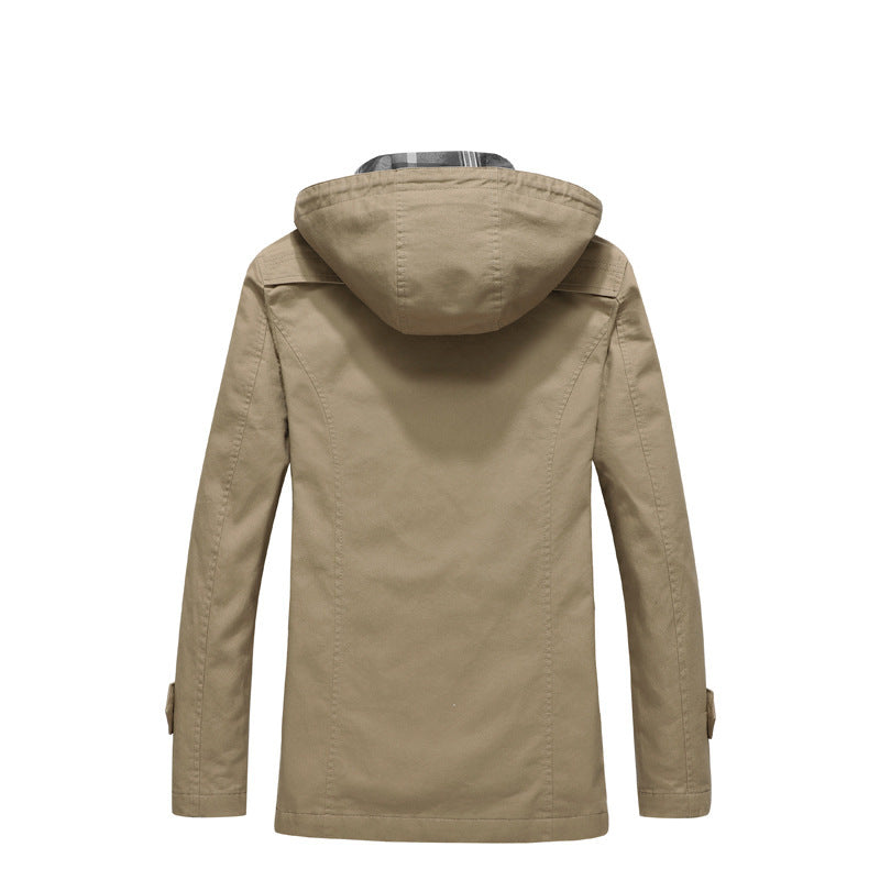 Herr Canvas Parka med Fodrad Huva, Rutig Foder och Multifunctional Yttre Fickor