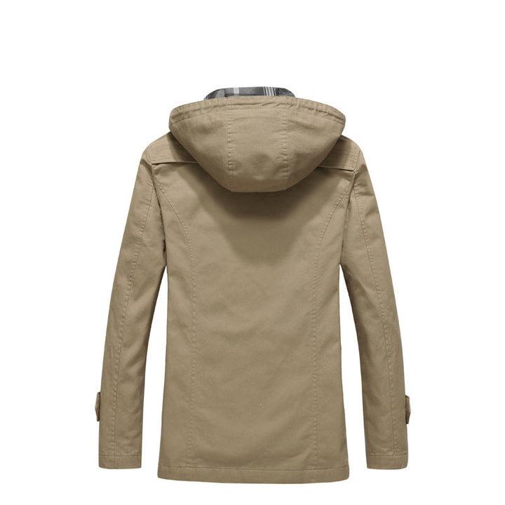Herr Canvas Parka med Fodrad Huva, Rutig Foder och Multifunctional Yttre Fickor