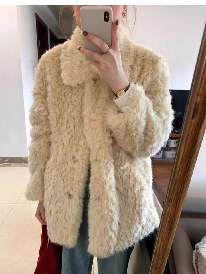 Dam kort teddy Faux Fur kappa med hel krage och Boxy silhuett