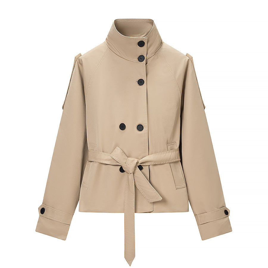 Dam Kort Trenchcoat med Hög Standing Krage, Fitted Tie Belt, och Double-Breasted Knapp Knäppning