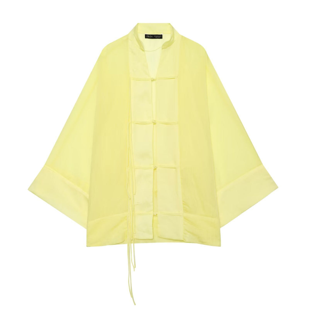 Dam Wide Kimono Cape Tillverkad av Lätt Chiffon Look med Dekorativ Knot Closures