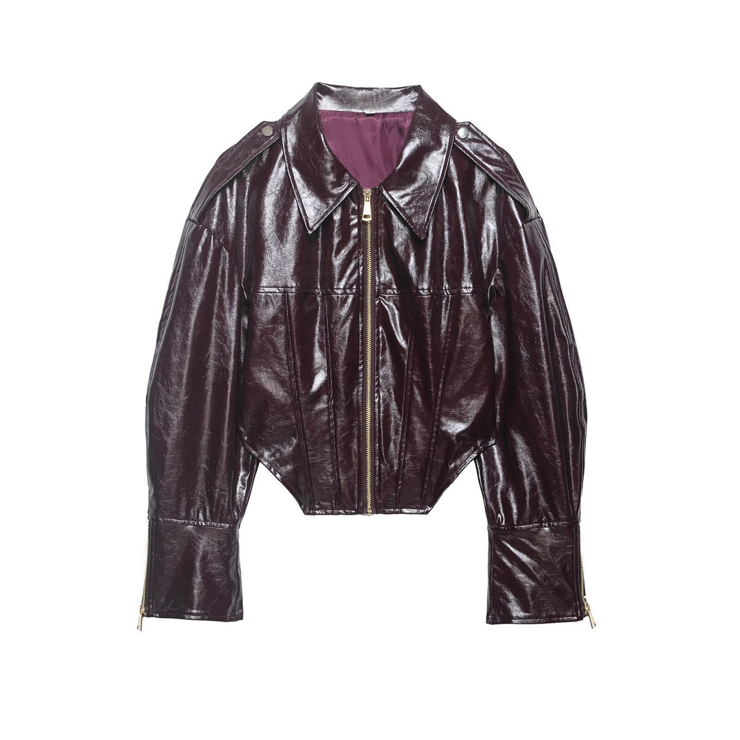 Dam Kort Shiny Bikerjacka i Läderlook med Emphasized Shoulder Area