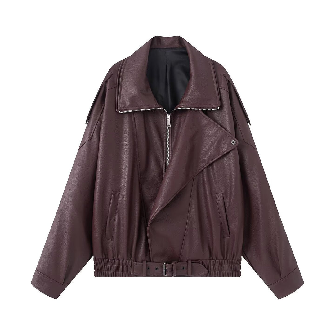 Dam Oversized Konstläder Biker Jacka med Asymmetrical Dragkedja, Bälte och Elastic Midja