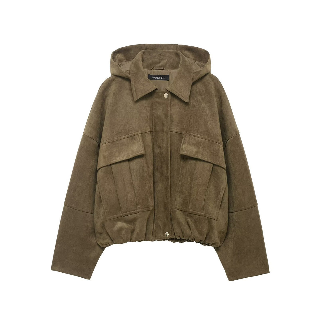 Dam oversize-kort mocka look jacka med huva och Flap fickor