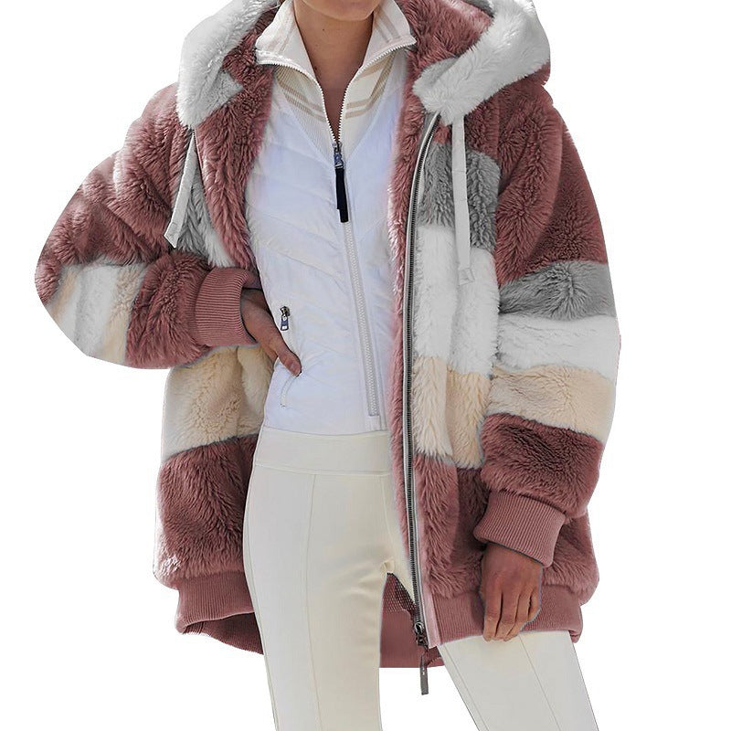 Dam mysig oversized faux pälsjacka med huva, block stripes och ribbstickade muddar