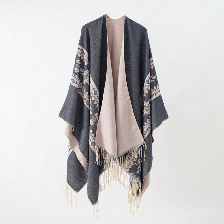 Dam Cashmere-look Wrap poncho med Geometric Border Jacquard och Fringe kant