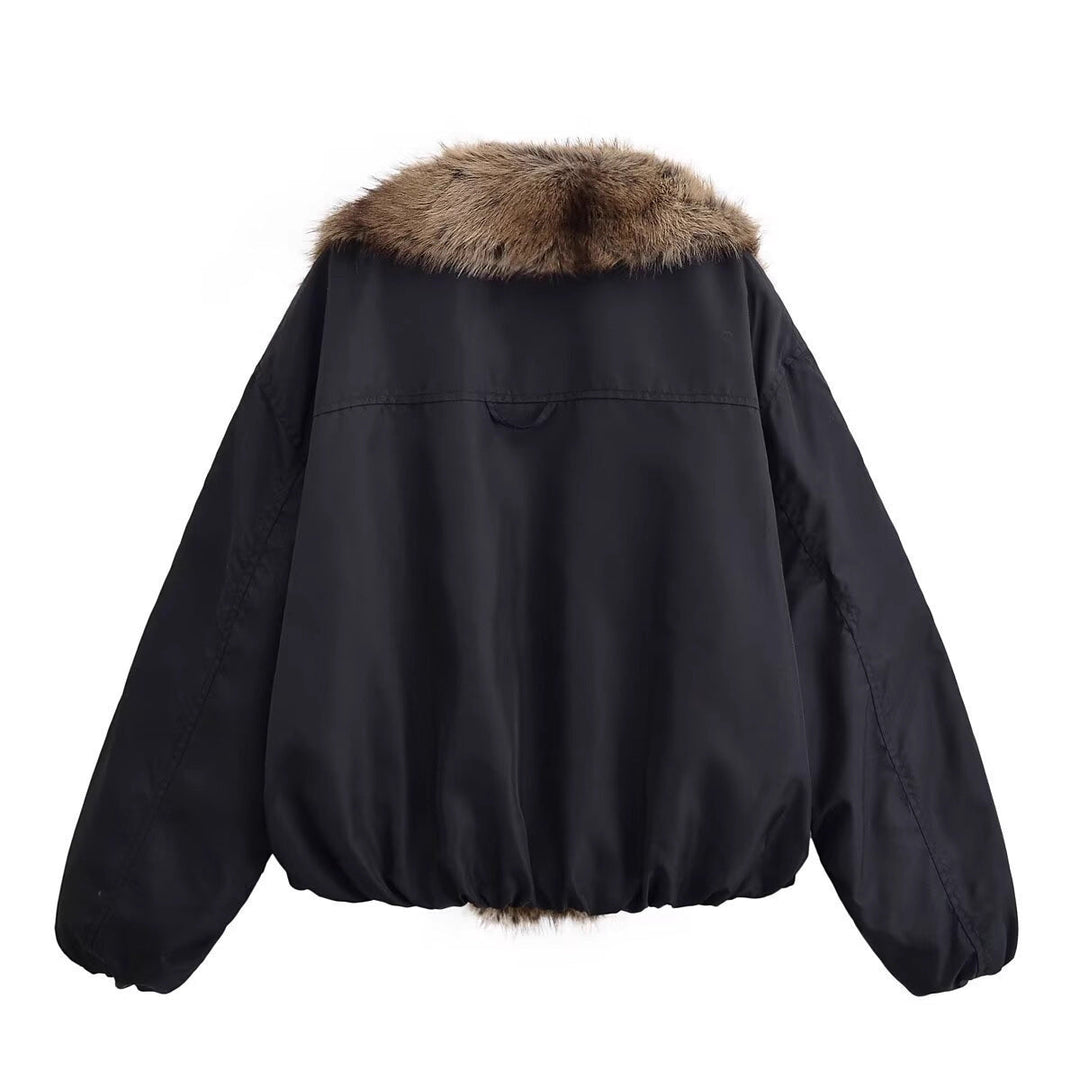 Dam Kort Quiltad Bomber Jacka med Voluminous Konstpäls Sjalrakrage