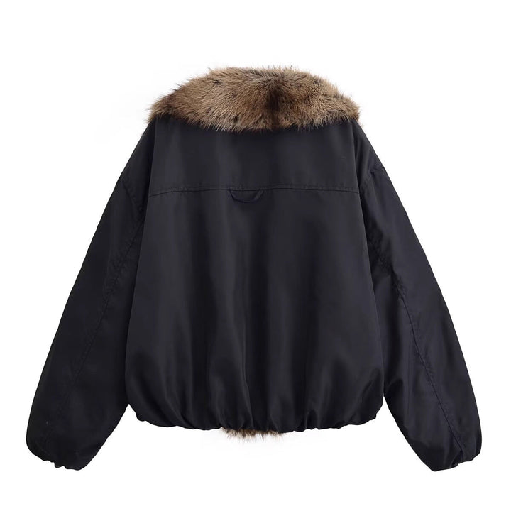 Dam Kort Quiltad Bomber Jacka med Voluminous Konstpäls Sjalrakrage