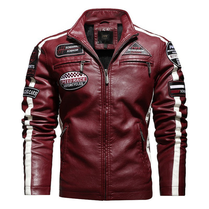 Herr Racing-Style Konstläder Jacka med Patches, Kontrast Ränder och Stående Krage