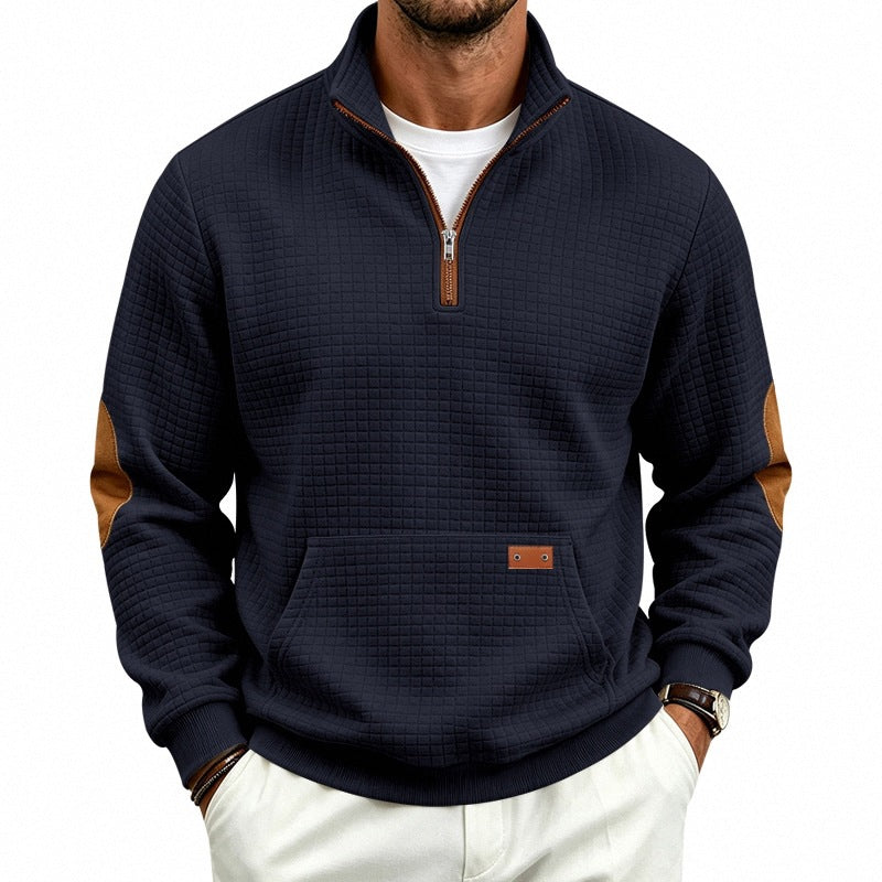 Herr Quiltad Structure Pullover med Halv Dragkedja, Elbow Lappar, och Känguruficka