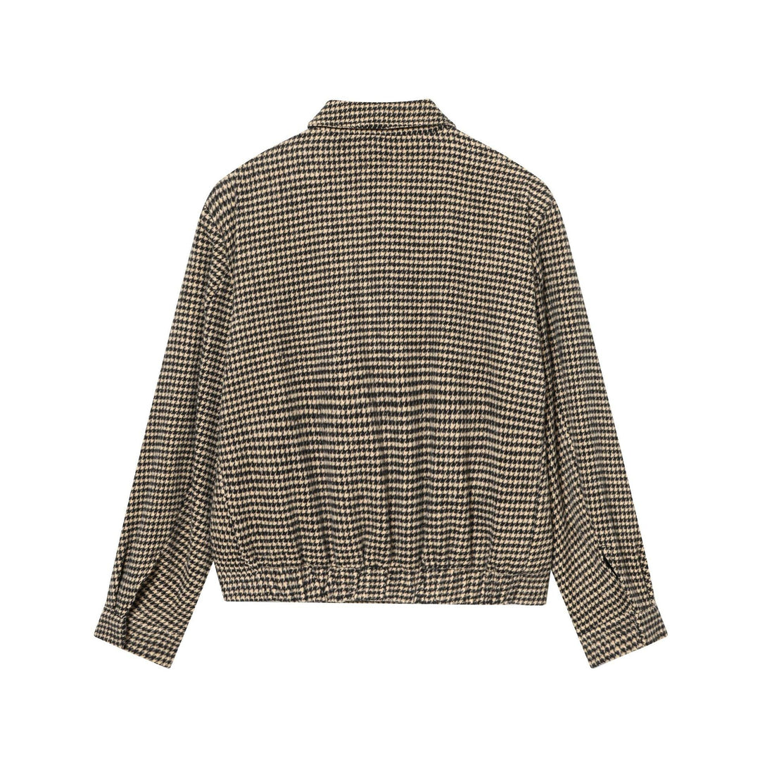 Dam Boxig Kort Jacka Gjord av Ullblandning med Houndstooth Mönster, Dragkedja och Skjortkrage