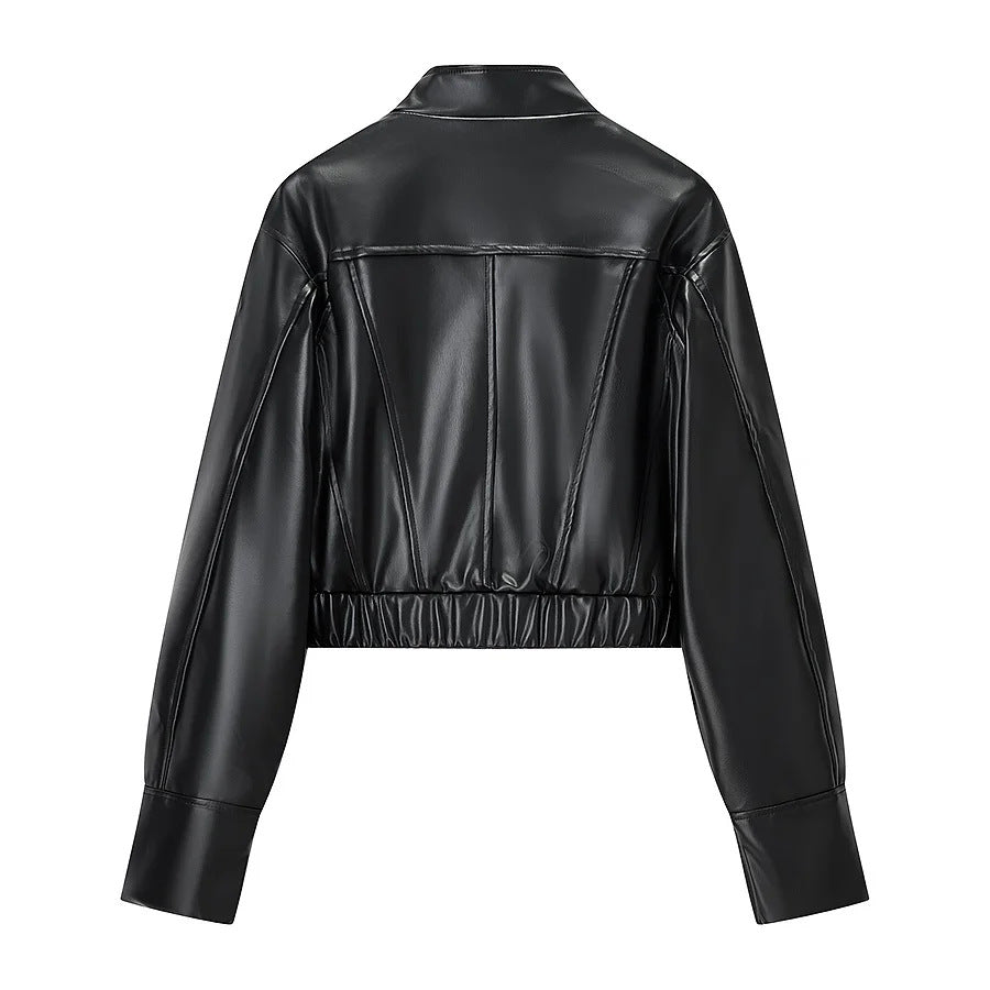 Dam kort vegan läderjacka i cropped corset stil med ståkrage