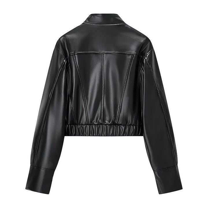 Dam kort vegan läderjacka i cropped corset stil med ståkrage