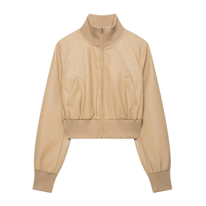Dam Kort Skärning Läder Blouson med Hög Ribbed Krage