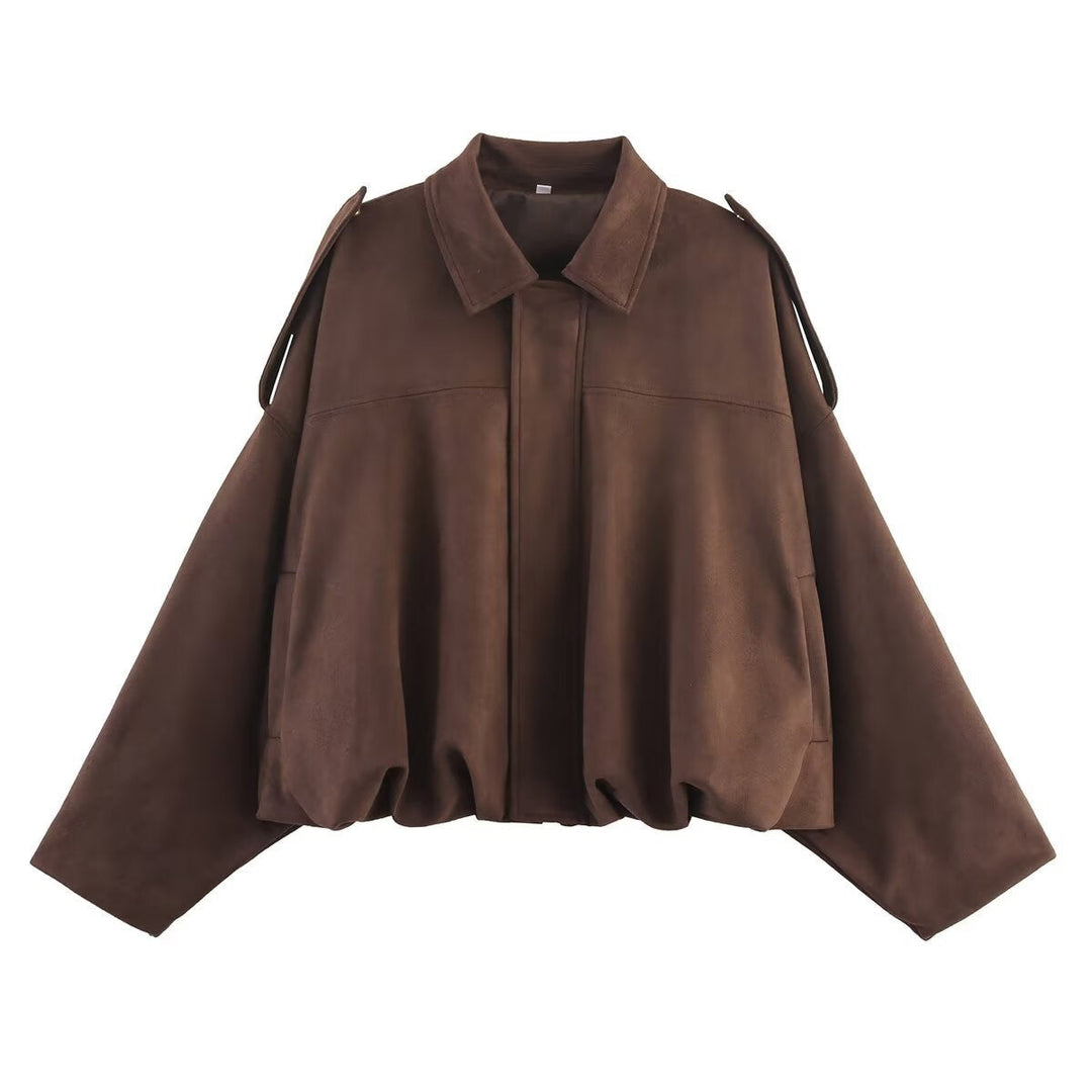 Dam Oversized Mocka Blouson med Kort Fåll och Epaulettes