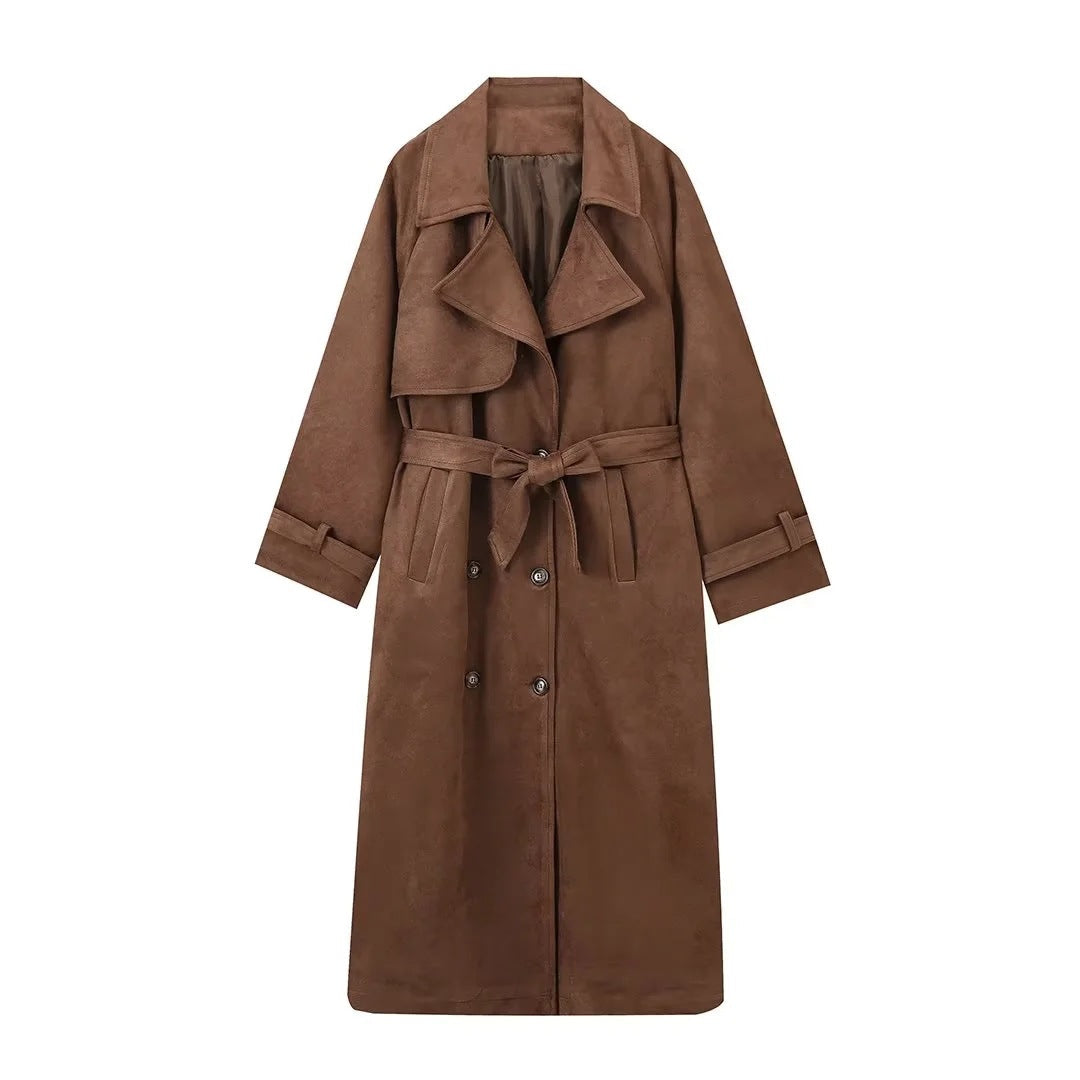 Dam 100+ Lång Suede Trenchcoat med Waist Belt och Double-Breasted