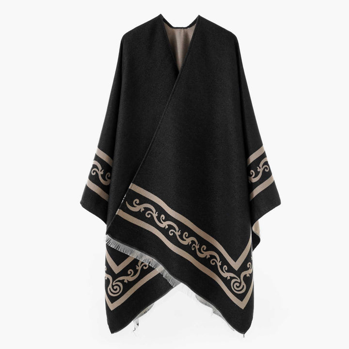 Dam Oversize Cape med Geometric Jacquard och fransfåll