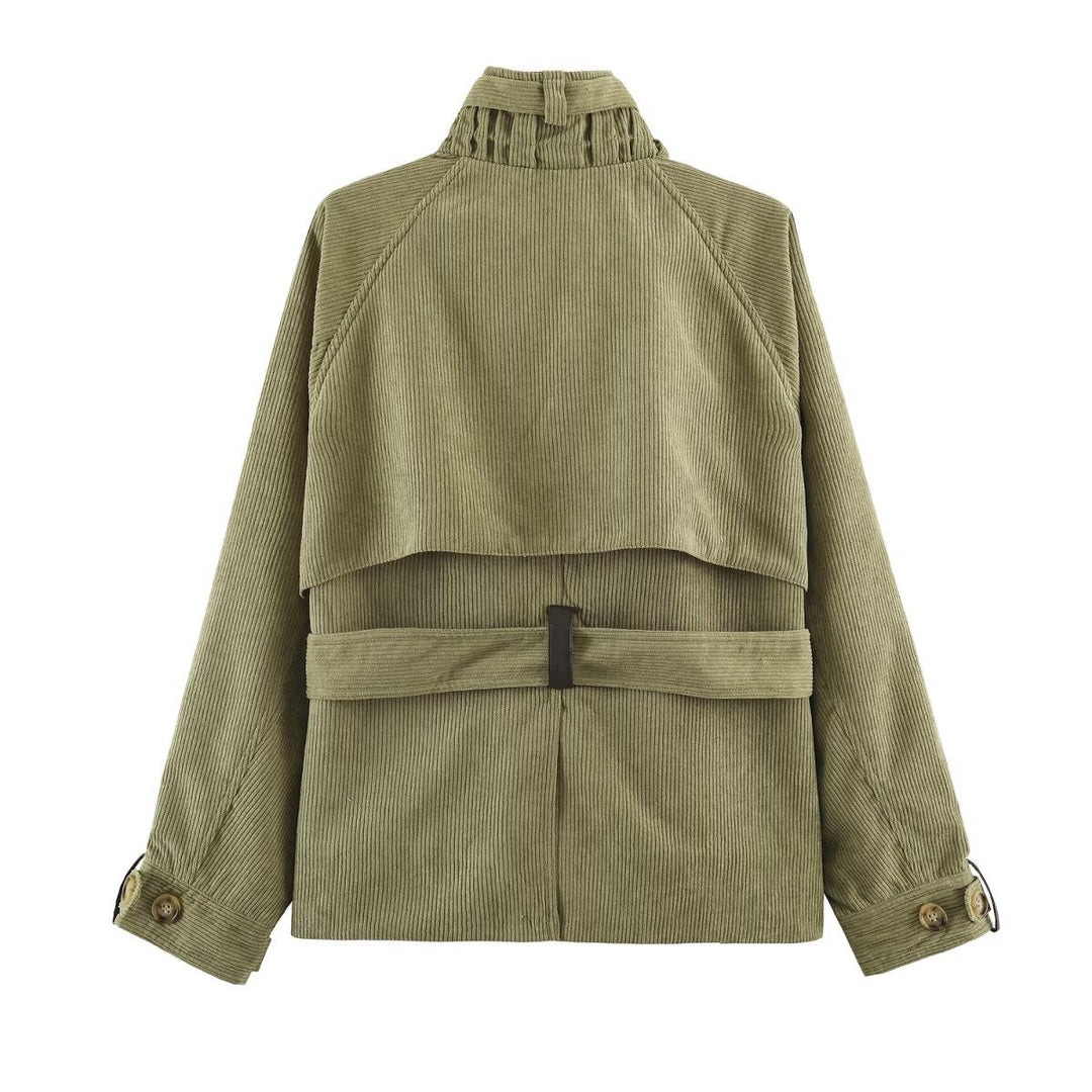 Dam Tailored Cord Fältjacka med Stå Krage Shoulder Yoke och Belt