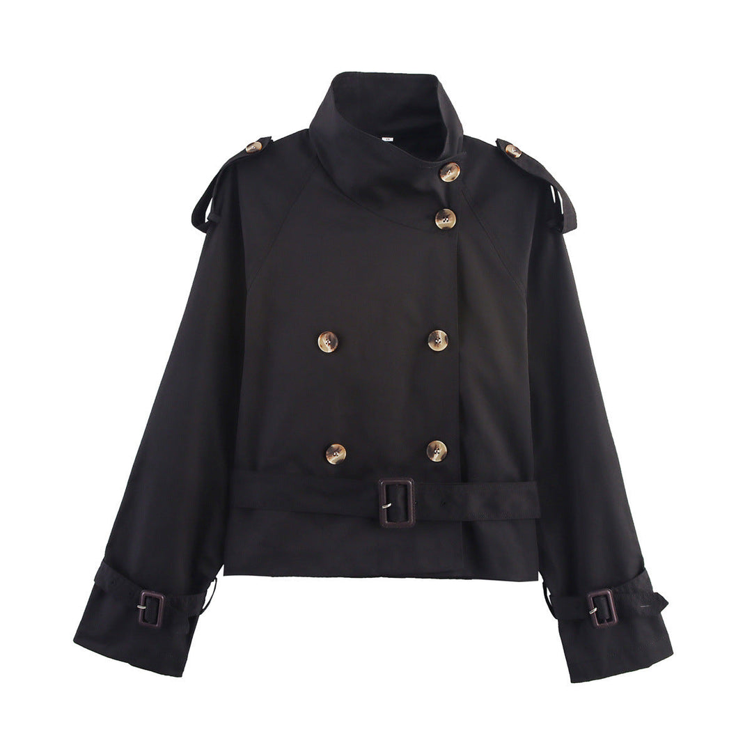 Dam kort Double-Breasted trench Blouson med hög ståkrage, Shoulder Tabs, och midjebälte