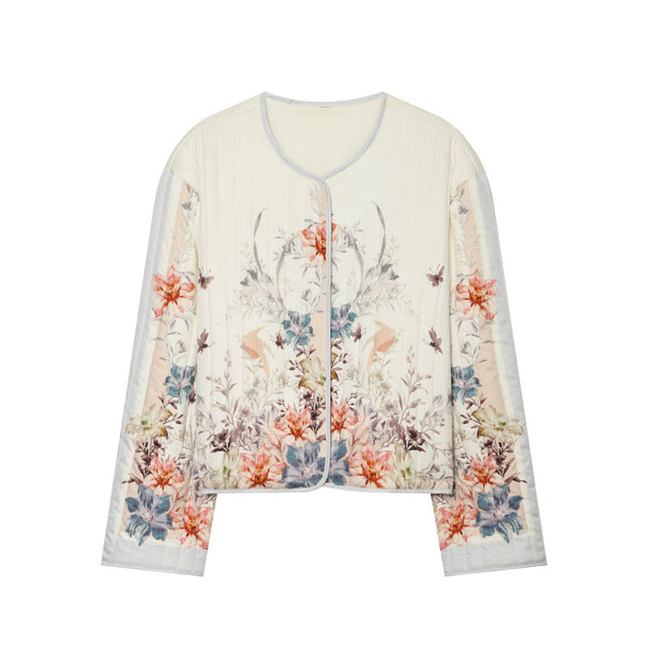 Dam quiltad flower kofta jacka med rund hals, light vaddering och continuous press stud placket