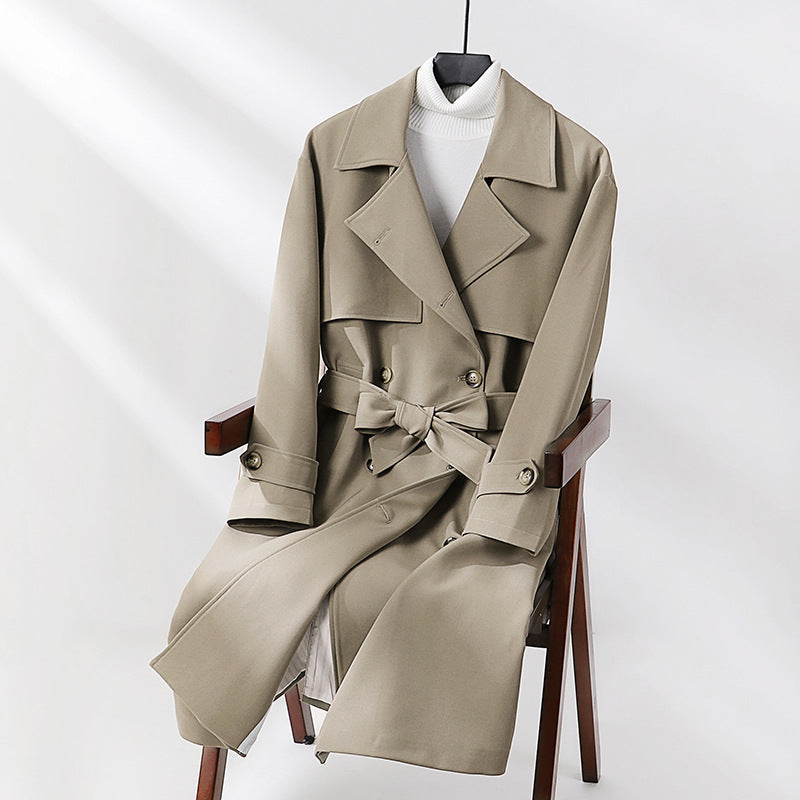 Dam lång skräddad trenchcoat med vid Shawl krage och knytband